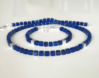Jewelry set lapis lazuli cubes 925 sterling silver