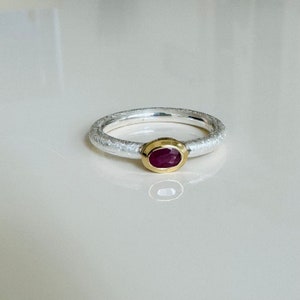 May include: A silver ring with a textured band and a gold setting with a red oval gemstone.