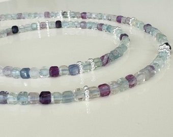 Fluorite Cube Necklace 925 Sterling Silver