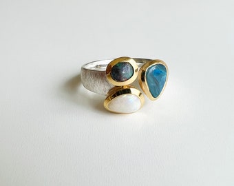 Multi Opal Ring 925 Sterling Silber/teilvergoldet