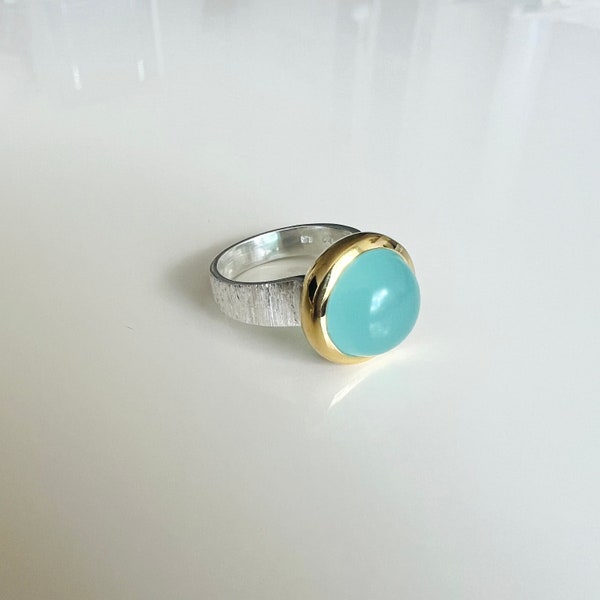 Aqua Chalcedon Ring 925 Sterling Silber/ teilvergoldet