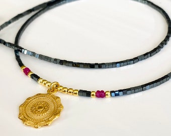 Boho necklace with hematite and ruby 925 sterling silver gold plated
