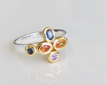 Multi Sapphire Ring 925 Silver partially gold-plated