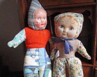 Vintage two funny colorful rag dolls, throwing dolls, sofa dolls