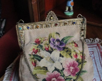 antique very pretty flowery Petit Point embroidery bag, rose pattern, floral pattern evening bag, beige/colored