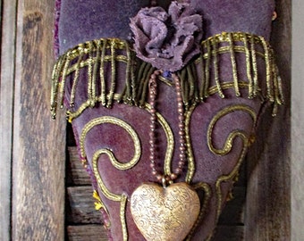 Vintage .... "Heart's Desire" purple velvet heart with old metal border, heart on chain, velvet rose,