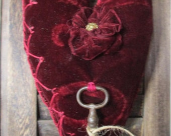 Vintage .... "Heart's Desire" red velvet heart embroidered, border, old iron key,