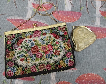 Vintage great floral petit point embroidery bag, rose pattern, evening bag, black background/colorful