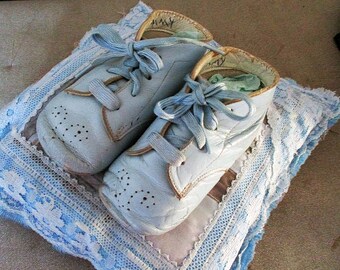 Vintage cute old children's shoes, lace-up shoes, light blue, leather