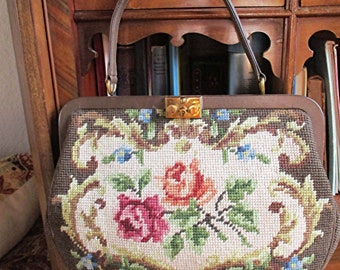 Vintage pretty large tapestry embroidery bag, brown ground, with colorful rose pattern