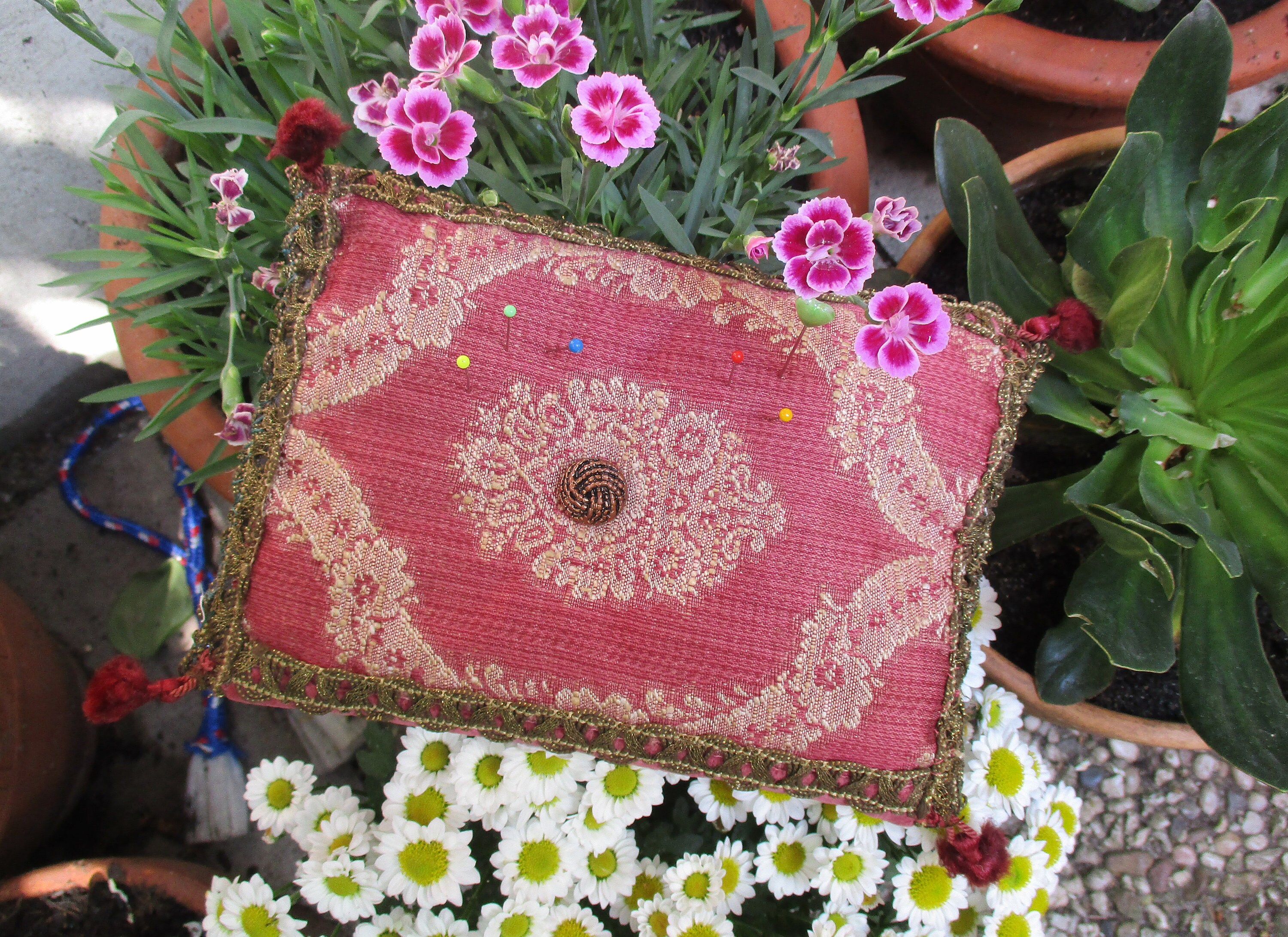 VIntage Chinese Asian 5 Person Pink Pin Cushion + Magnetic Pincushion Sewing  LOT