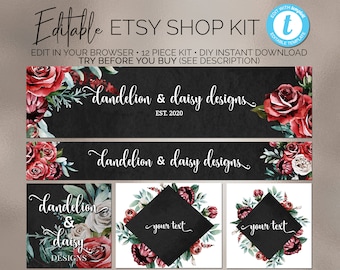 12pc DIY EDITABLE Etsy Shop Kit Template (Edit in Your Browser on Templett) Instant Download Etsy Shop Branding Kit Etsy Banners / Icon