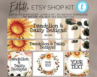 12pc DIY EDITABLE Etsy Shop Kit Template (Edit in Your Browser on Templett) Instant Download Etsy Shop Branding Kit Etsy Banners / Icon