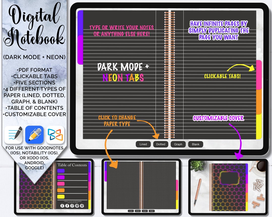 Dark Mode Digital Notebook five Subjects Hyperlinked for Goodnotes ...