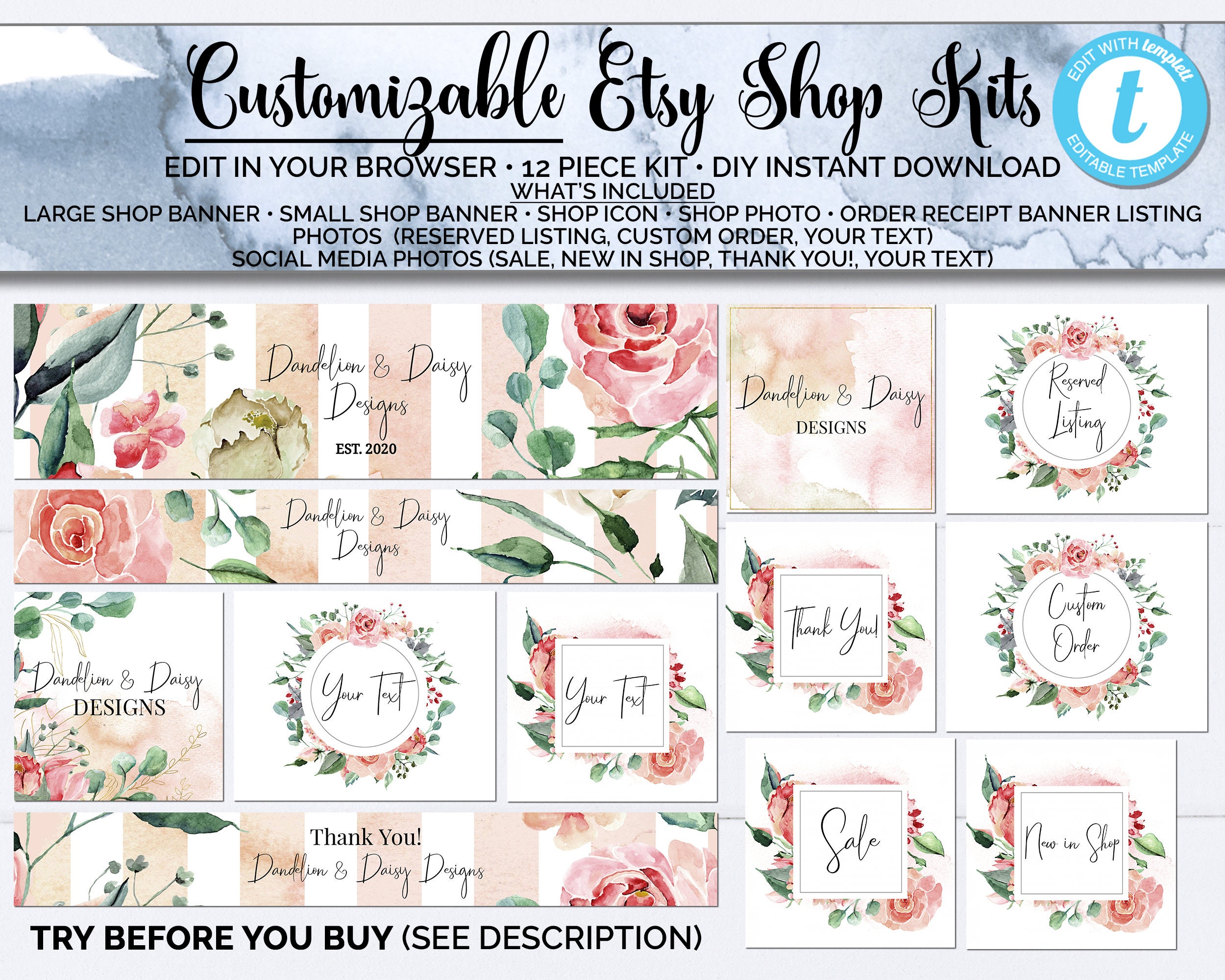 Design & Templates 12pc DIY EDITABLE Etsy Shop Kit Template Instant Design & Templates 12pc DIY EDITABLE Etsy Shop Kit Template Instant