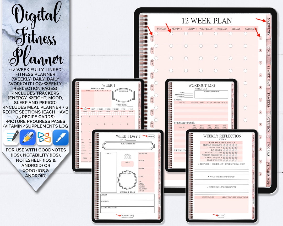Digital Fitness Planner 12 Week Plan Meal Planner Recipe Keeper Habit Tracker for Goodnotes