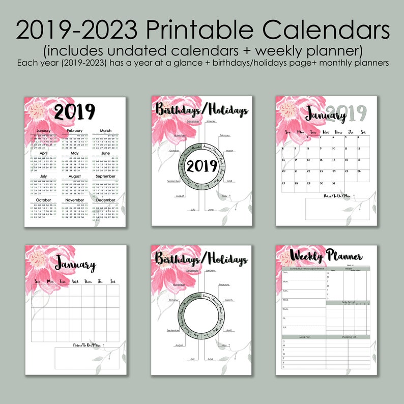 2019 2023 monthly printable calendars floral edition instant etsy