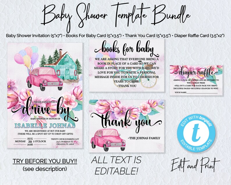 Editable Driveby Baby Shower Invitation Printable DIY Templates BUNDLE