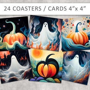 Posavasos de Halloween: Diseños de calabaza y fantasma (Hoja de collage digital)