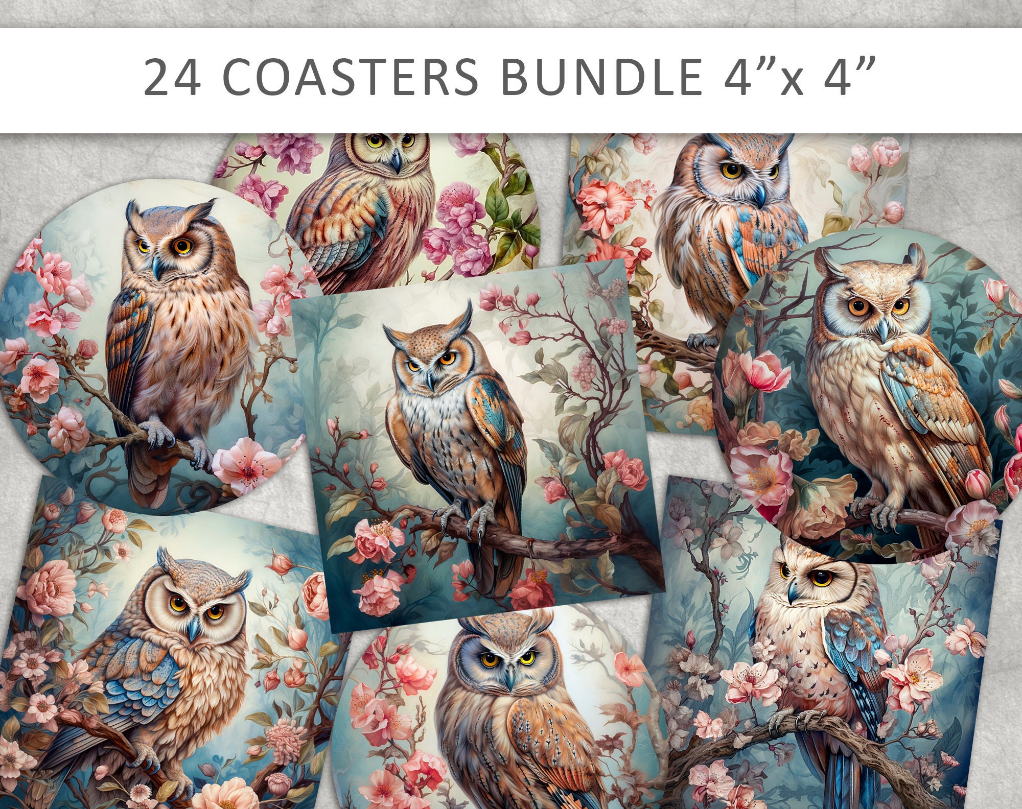 Vintage Owl Coaster Images: Round & Square PNG Collage (Digital Download)