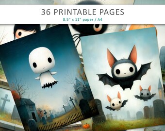 May include: Printable Halloween pages featuring a ghost and bats with a graveyard background. The pages are 8.5" x 11" in size and include the text "36 Printable Pages". The illustrations have a cartoon style.