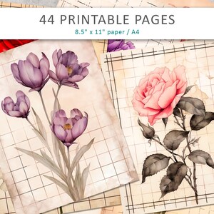 Páginas de diário de flores vintage, Impressões florais de papel antigo, Desenhos de papel de flores envelhecidas, Papel de scrapbook floral vintage, Papel floral antigo