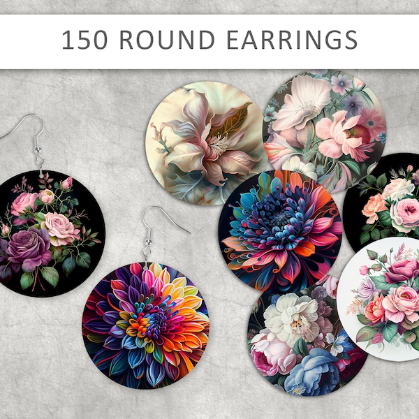150 Printable 1.5 inch circles, floral earring, flower image for round earring, Digital Collage Sheet, floral magnets, craft projects