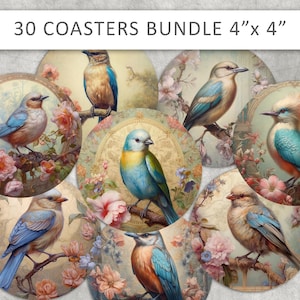 Vögel Vintage druckbare 4-Zoll-Kreise für Untersetzer, Küchendekoration, Vogel Untersetzer, Kreise Magnete, Untersetzer Vogel, Vintage Untersetzer