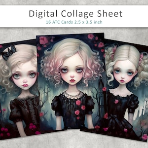 ATC-kaarten voor kleine meisjes, afdrukbare logboekkaarten, collageblad, digitaal papier, scrapbooking-benodigdheden, digitale kaart, gotische ATC-kaarten