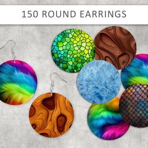 May include: Assortment of 150 round earrings with various colourful designs, including wood grain, faux fur, and mosaic patterns.