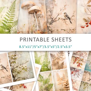 Natuurthema, afdrukbare vellen, ongewenst dagboekpapier, ATC-kaarten, plakboekpapier, downloadbaar collageblad, illustratie oud bospapier