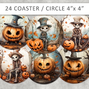 Podkładka pod kubek w kształcie koła na Halloween, szkielet na Halloween, dynia na Halloween, dekoracja kuchenna, do druku 4 cale, magnes w kształcie koła, cyfrowy arkusz kolażu