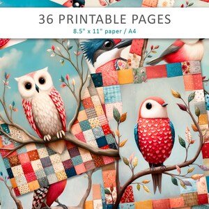 May include: A collection of 36 printable pages featuring whimsical illustrations of birds and owls perched on branches, set against a backdrop of patchwork quilt patterns. The pages are sized at 8.5" x 11".