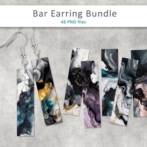 May include: A set of 48 digital bar earring designs featuring abstract black, white, gold, and teal marble patterns.  Bar Earring Bundle 48 PNG files.