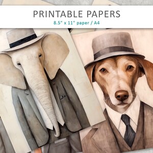 Può includere: Due fogli stampabili con illustrazioni di un elefante e un cane che indossano abiti e cappelli. L'elefante indossa un abito grigio e un cappello bianco con una fascia nera. Il cane indossa un abito marrone e un cappello grigio con una fascia nera. Il testo "PRINTABLE PAPERS" è in cima all'immagine, e il testo "8.5" x 11" paper / A4" è sotto.