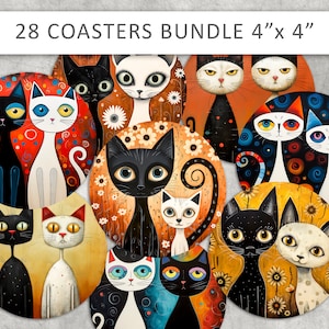 Katze Illustration Runde Untersetzer Bundle, bedruckbar 4 Zoll, Handwerk Projekte, Kreise Magnete, Untersetzer PNG für Küche Handwerk - digitaler Download
