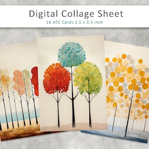 carta atc albero scandinavo, foglio di collage digitale, carte di giornale spazzatura, carte di journaling stampabili, forniture per scrapbooking, carta ATC stampabile