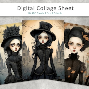 gothic Frau ATC Karten, Junk Journal Karten, digitale Collage Sheet, ATC Karte zum Ausdrucken, Halloween Junk Journal, Halloween Karte