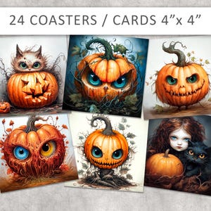 Posavasos cuadrado de Halloween, imprimible de 4x4 pulgadas, posavasos de calabaza, decoración de cocina, posavasos imprimible, imanes de Halloween, tarjeta de Halloween