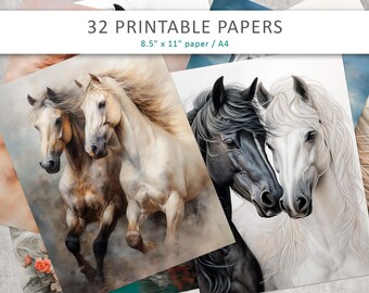 Può includere: Raccolta di 32 carte stampabili con dipinti di cavalli ad acquerello. Le carte misurano 21,6 x 27,9 cm. L'opera d'arte comprende immagini di cavalli bianchi, neri e marroni.