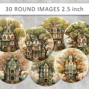 30 images de cercle vintage de cabane dans les arbres, feuilles de collage numérique, cercles imprimables de 2,5 pouces, aimants vintage, cartes de voeux, projets d'artisanat