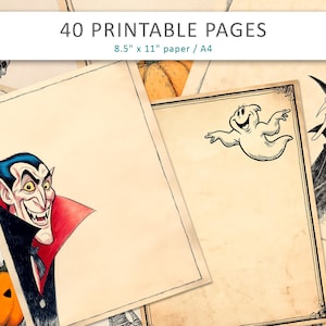 Vintage Halloween Junk Journal Pages – Dracula, Ghosts, Pumpkins – Printable Scrapbook Paper Ephemera Kit