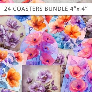 Set mit 24 Untersetzer PNG Design, rundem und quadratischem Untersetzerpaket, Sublimationsdesign, Blumenuntersetzer PNG, Untersetzer PNG für Küchenhandwerk