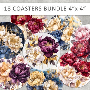 Peonies Coaster Sublimation PNG: Floral Coaster Bundle (Digital Download)