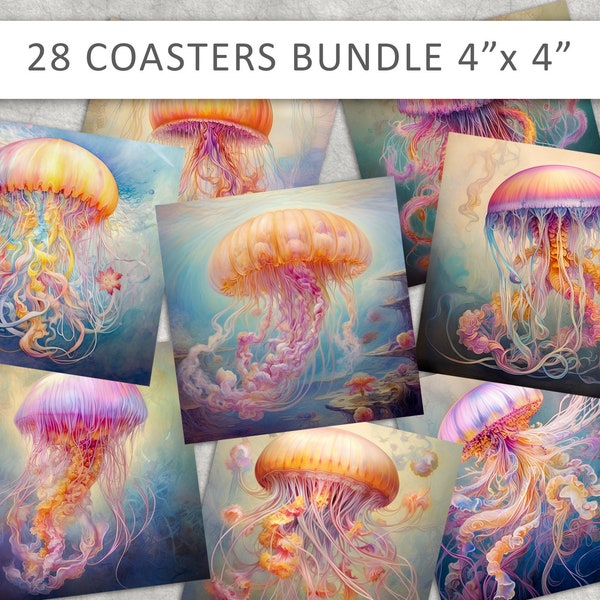 Printable 4"x4" size images jellyfish, Digital Sheet to make Coasters, digital Cards, Gift Tags, Ocean Magnets, Crafts Project