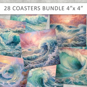 Meereswellen quadratisches CoasterBundle, Collage Sheet für Untersetzer, Grußkarten, bedruckbare 4x4 Untersetzer, Untersetzer PNG für Küche und Basteln