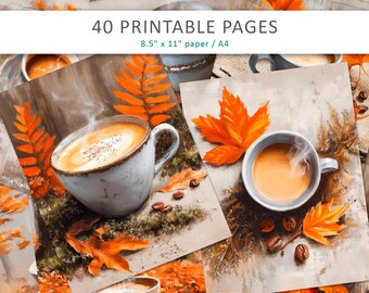May include: An artistic composition featuring coffee cups, autumn leaves, and coffee beans. The image includes the text "40 PRINTABLE PAGES" and "8.5" x 11" paper / A4". The color palette includes shades of orange, brown, and white.