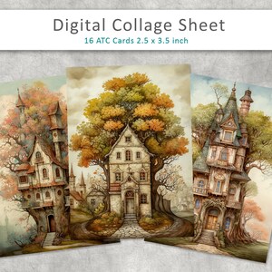Cartões ATC vintage da Tree House, folha de colagem digital, cartões de lixo eletrônico, casa de fantasia, cartões de registro no diário imprimíveis, diário de lixo vintage