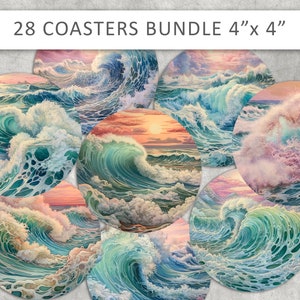 Vagues de la mer imprimables 4 pouces, cercles pour sous-verres, décoration de cuisine, sous-verre vagues de la mer, aimants ronds, cercles imprimables, cercle océan