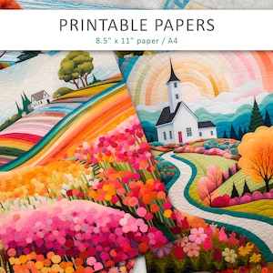 Może przedstawiać: Papiery do druku z kolorowymi ilustracjami wiejskiego krajobrazu z białym kościołem, tęczą i polem kwiatów. Papiery mają rozmiar 8,5 cala na 11 cali i są odpowiednie do papieru A4.
